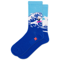 Blue socks with a wave design and a small logo on a white background