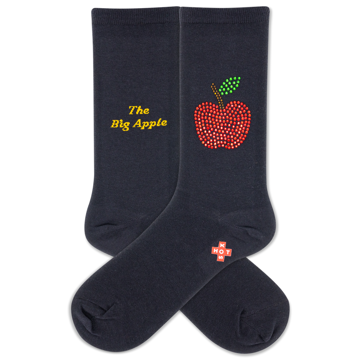 Black socks with rhinestone apple design and text on a white background