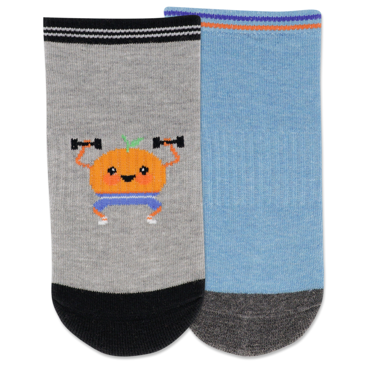 Two socks, one gray with an orange holding weights and the other blue, on a white background.