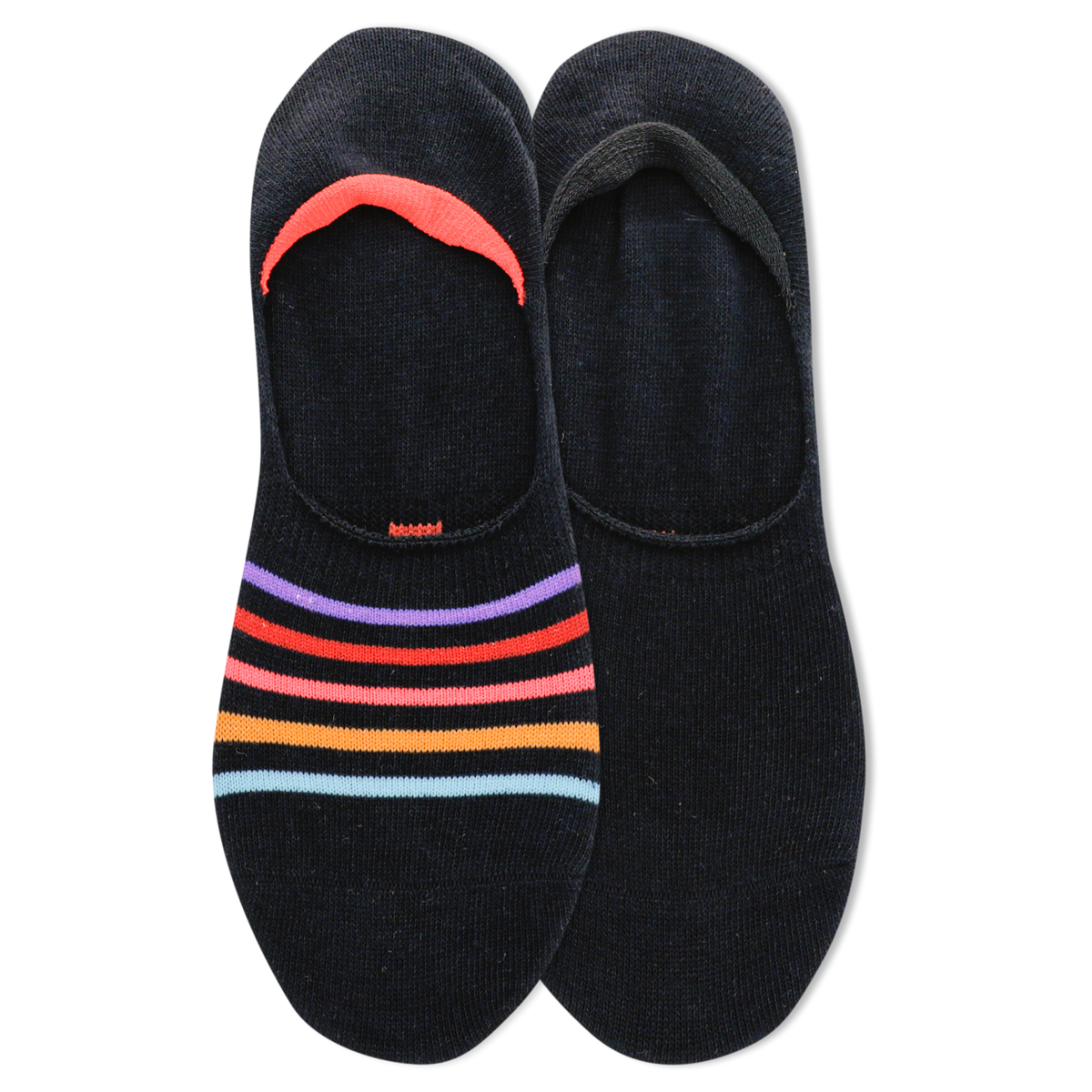 Black no-show socks with colorful stripes on a white background