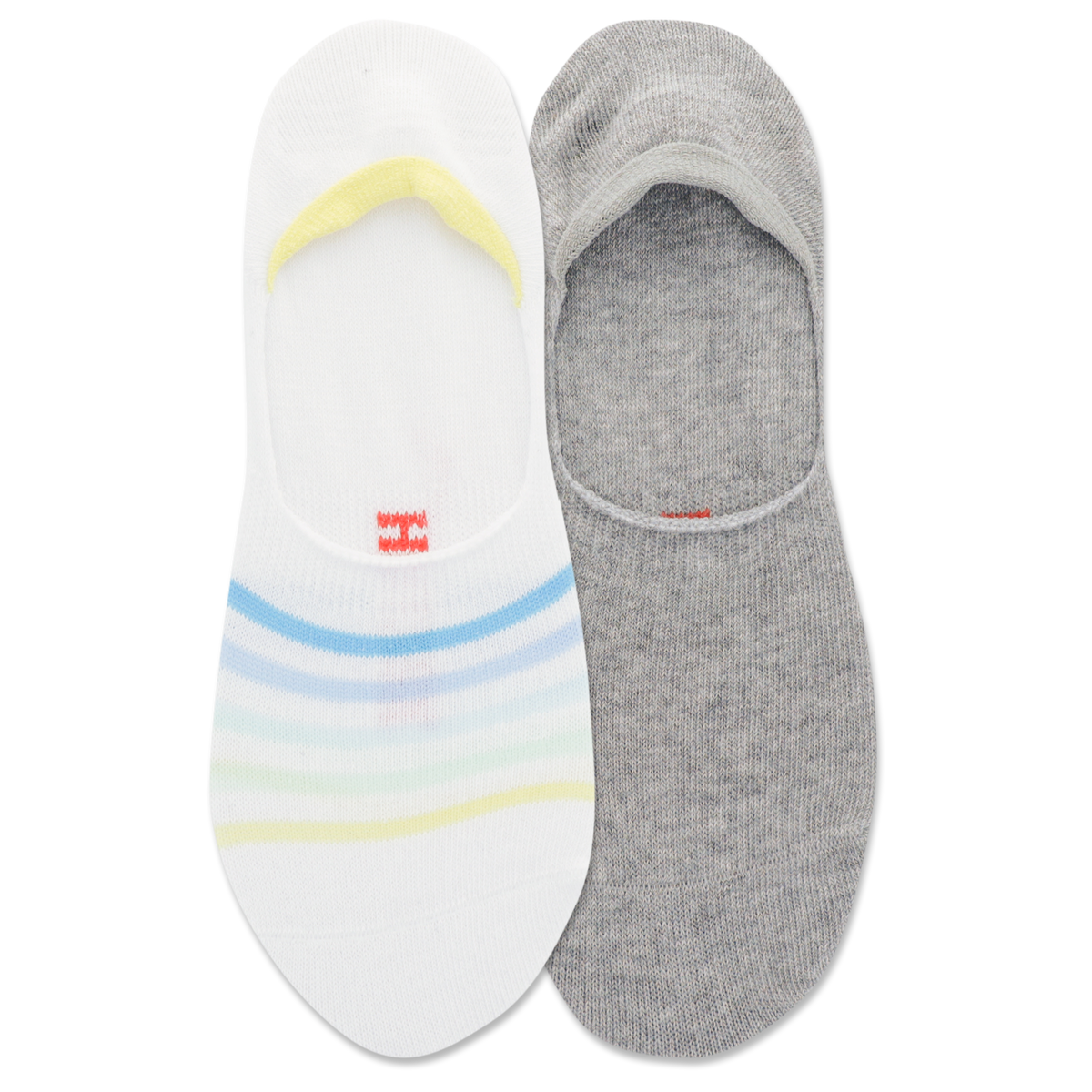 Gray and white no-show socks with colorful stripes on a white background