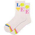Pair of socks with 'LOVE' and tennis ball design on a white background