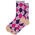 Pair of argyle pattern socks with pink, blue, and gray design on a white background
