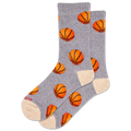 Gray socks with orange basketball patterns on a white background
