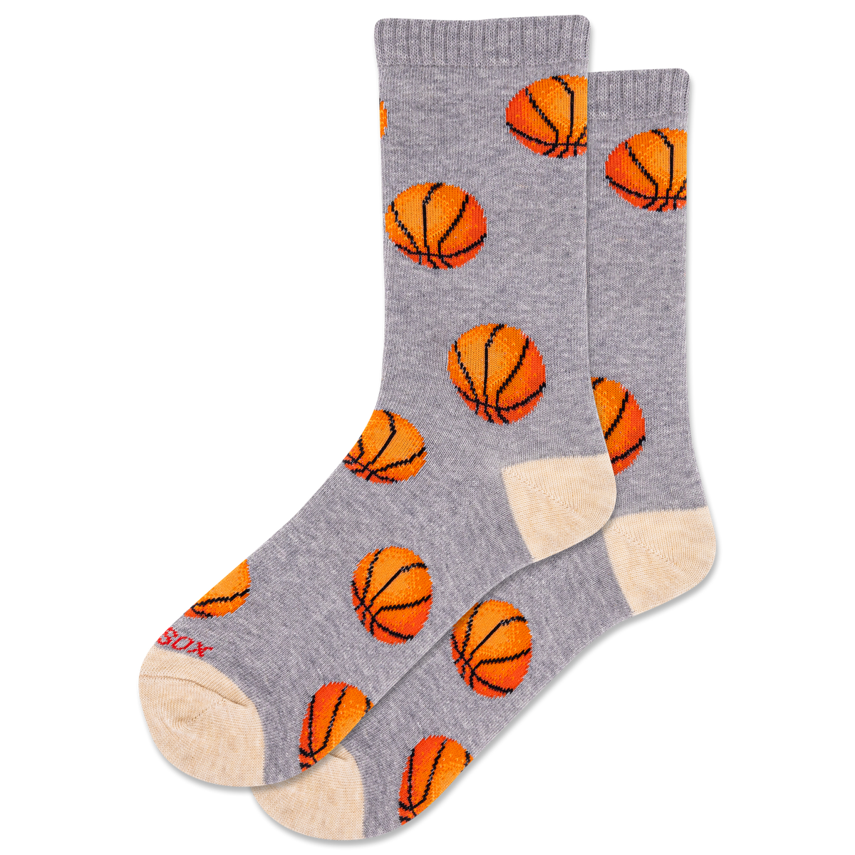 Gray socks with orange basketball patterns on a white background