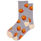 Gray socks with orange basketball patterns on a white background
