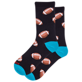 Black socks with football pattern and blue toes on a white background thumbnail