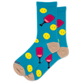 Women's blue socks featuring a pickleball pattern.