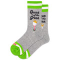 Gray socks with green accents and 'Queen of the Green' text and golf ball graphic on a white background
