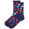 Navy socks with colorful gold ball pattern on a white background