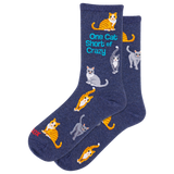 HOTSOX women's navy socks featuring gray and orange cats and the phrase 'once cat short of crazy.'