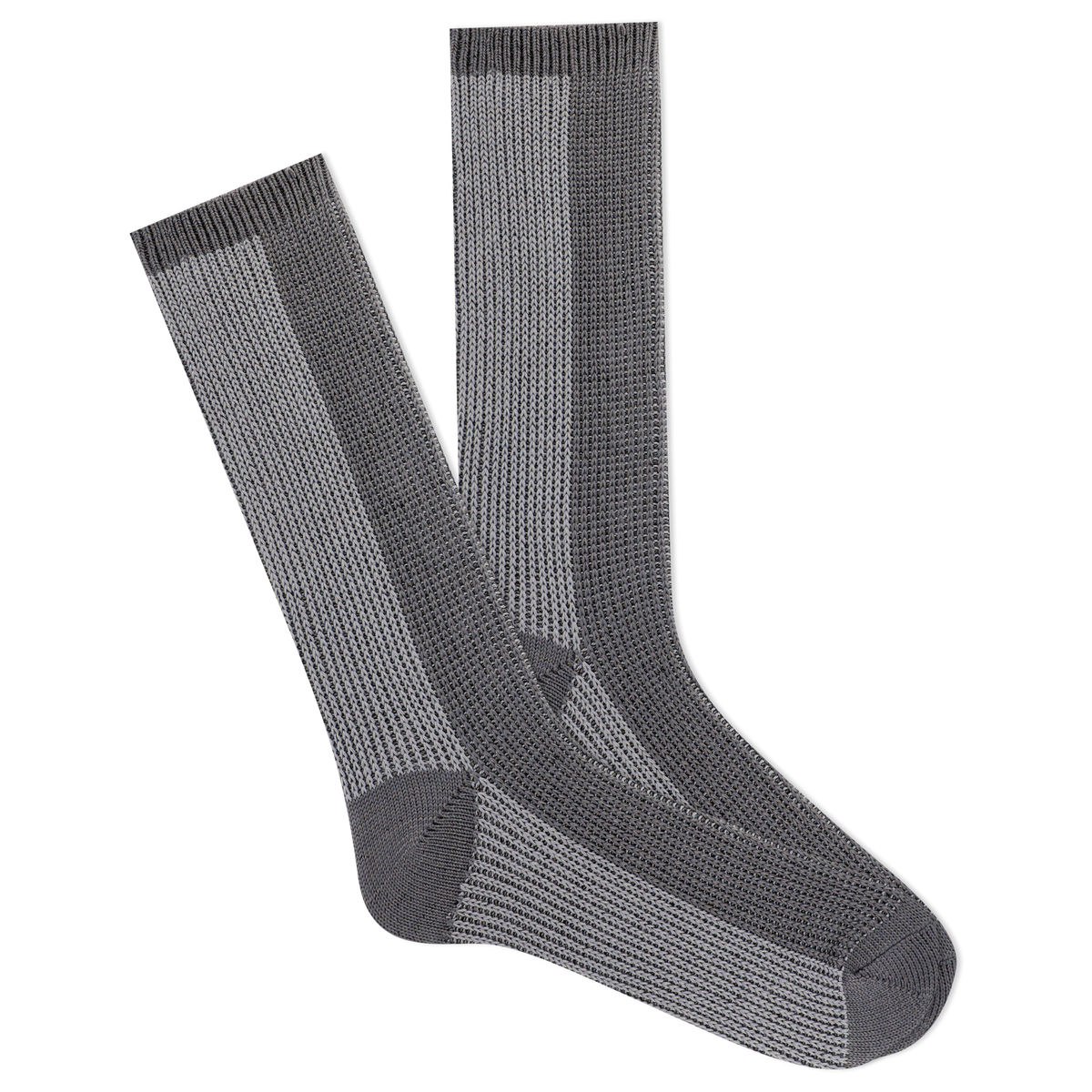 Pair of gray socks with a subtle pattern on a white background