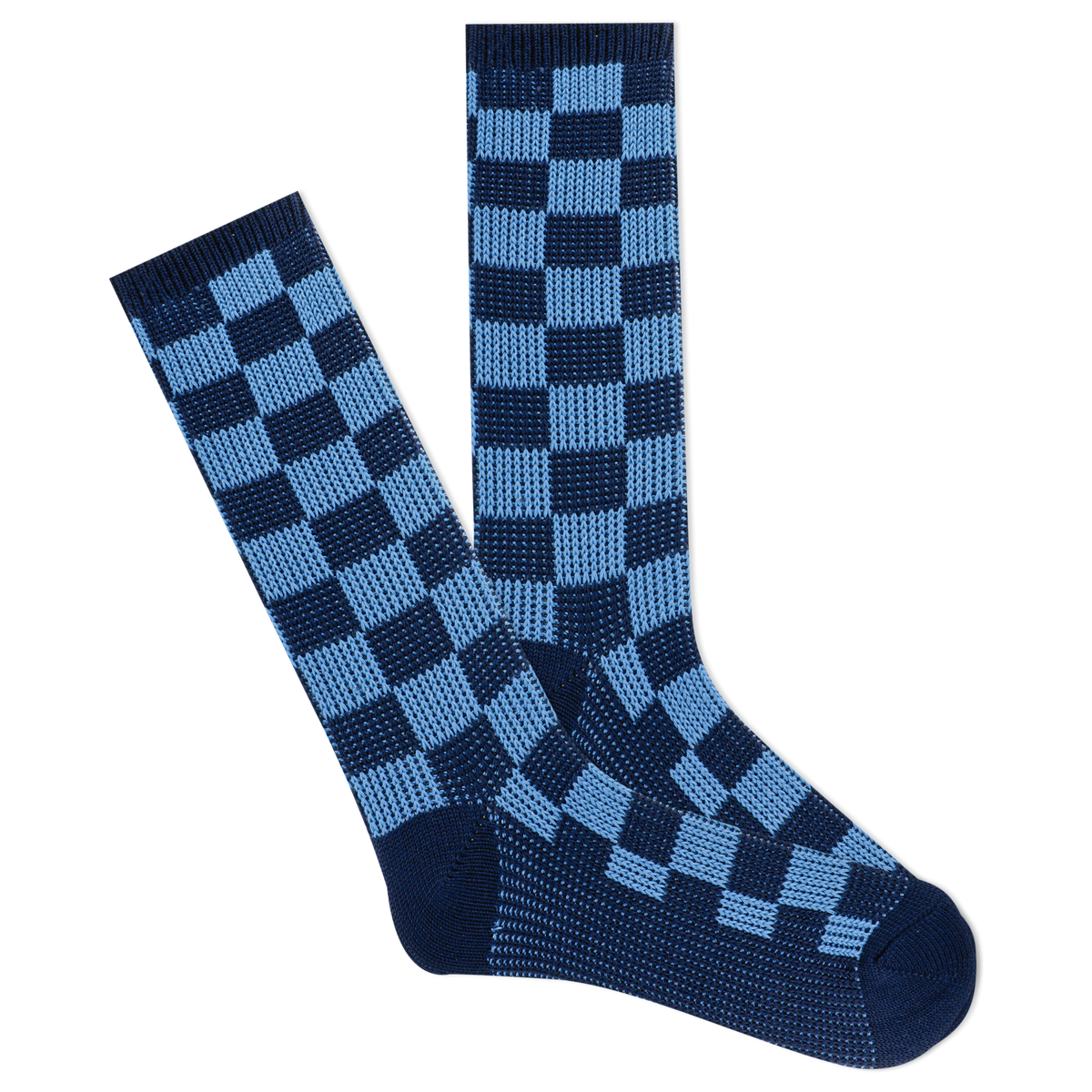 Pair of blue and navy checkered socks on a white background