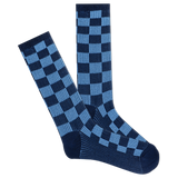 Pair of blue and navy checkered socks on a white background thumbnail