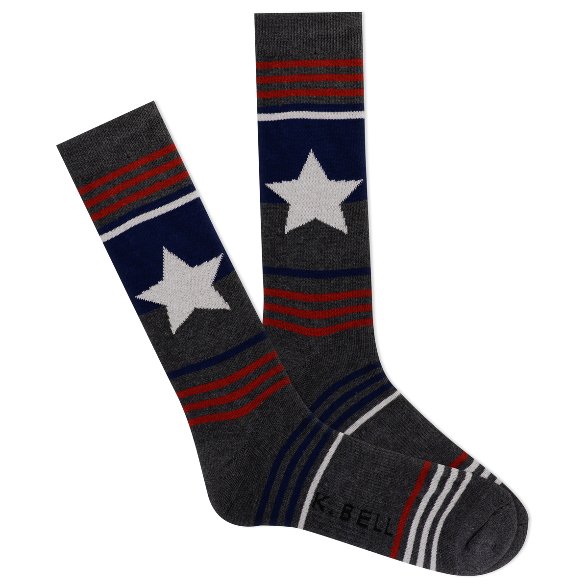 Gray socks with white stars and red and blue stripes on a white background
