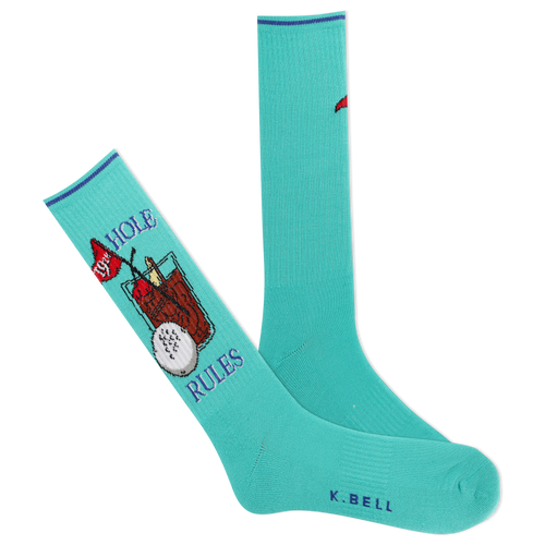 A pair of blue crew socks with a golf-themed design, including a silhouette of a golf ball and a club, and text reading '19th HOLE RULES'.