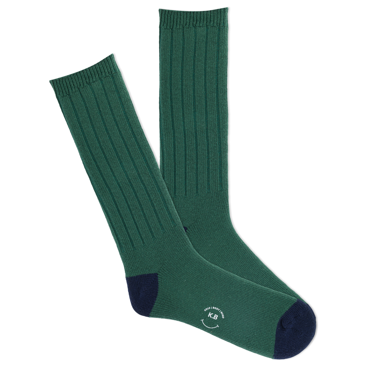A pair of K.Bell men's classic ribbed crew socks in green with navy accents on the toes and heel, featuring a comfortable fit and wide ribbed design.