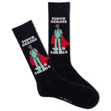 A pair of men's black crew socks with a graphic of a superhero wearing a cape and the text 'SUPER HEROES WEAR SCRUBS'. thumbnail