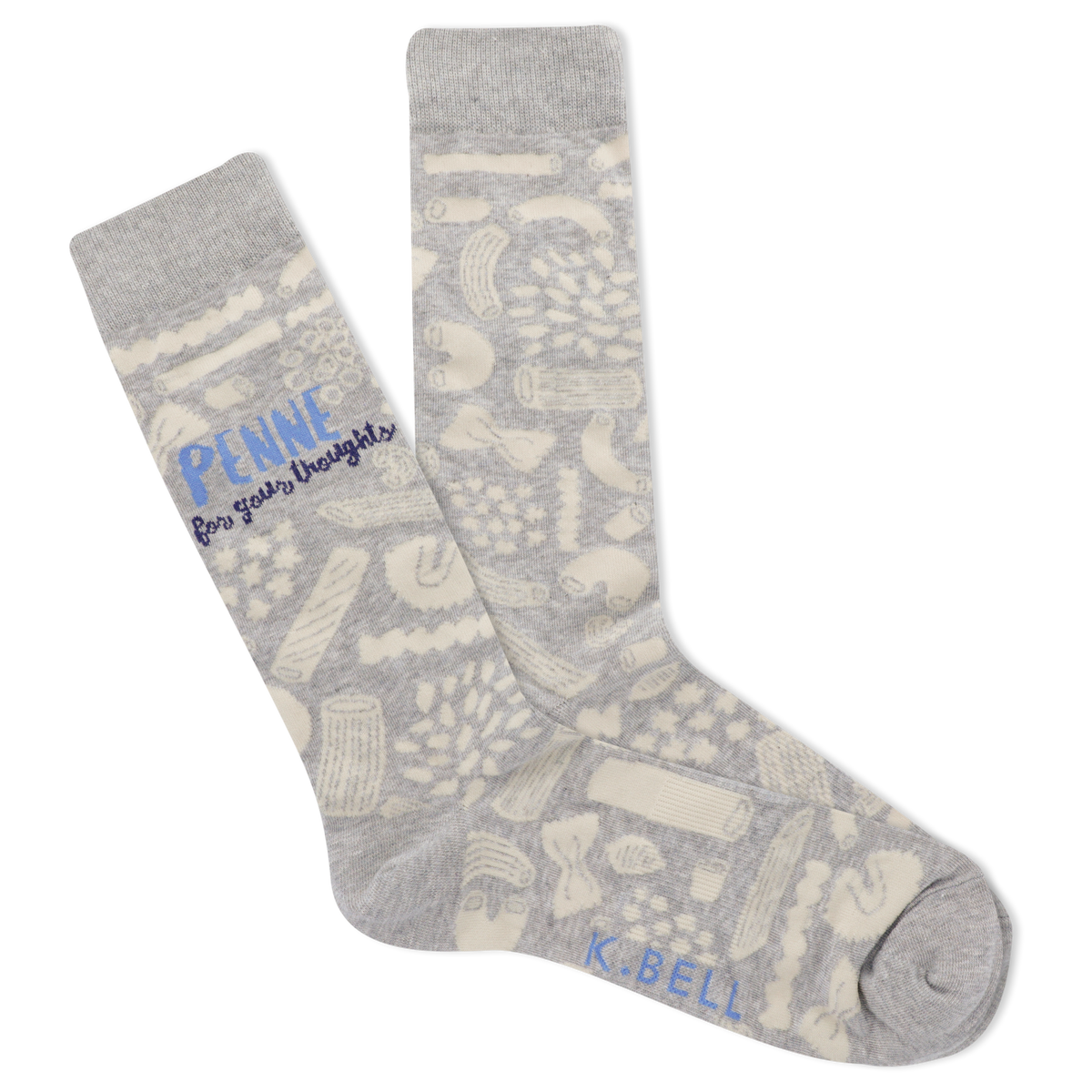 Gray socks with a pattern and 'K. Bell' branding on a white background