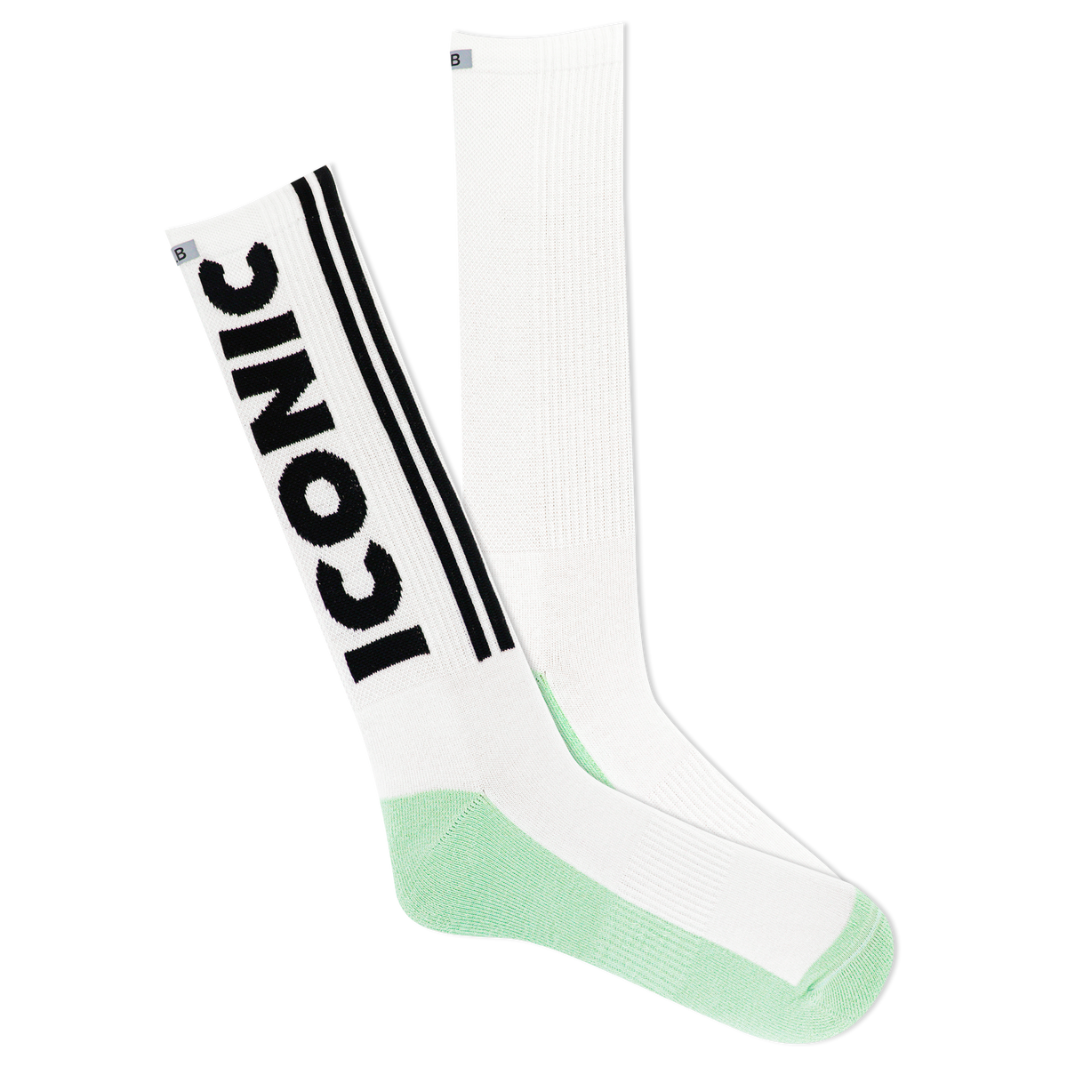 A pair of white crew socks with green accents and the text 'ICONIC' printed on the side, featuring a reflective logo.