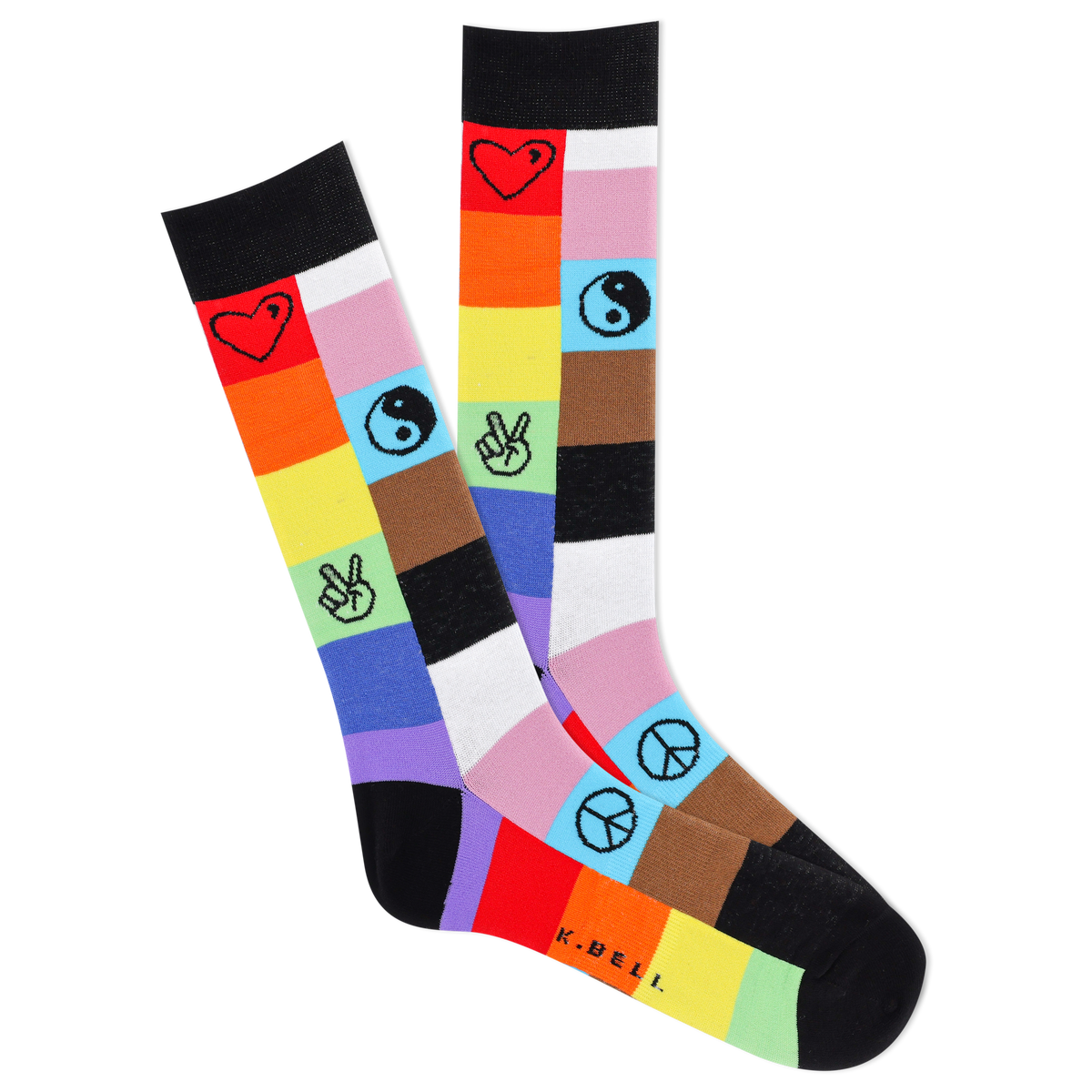 A pair of men's crew socks with a multicolored patch design featuring symbols such as hearts and peace signs.