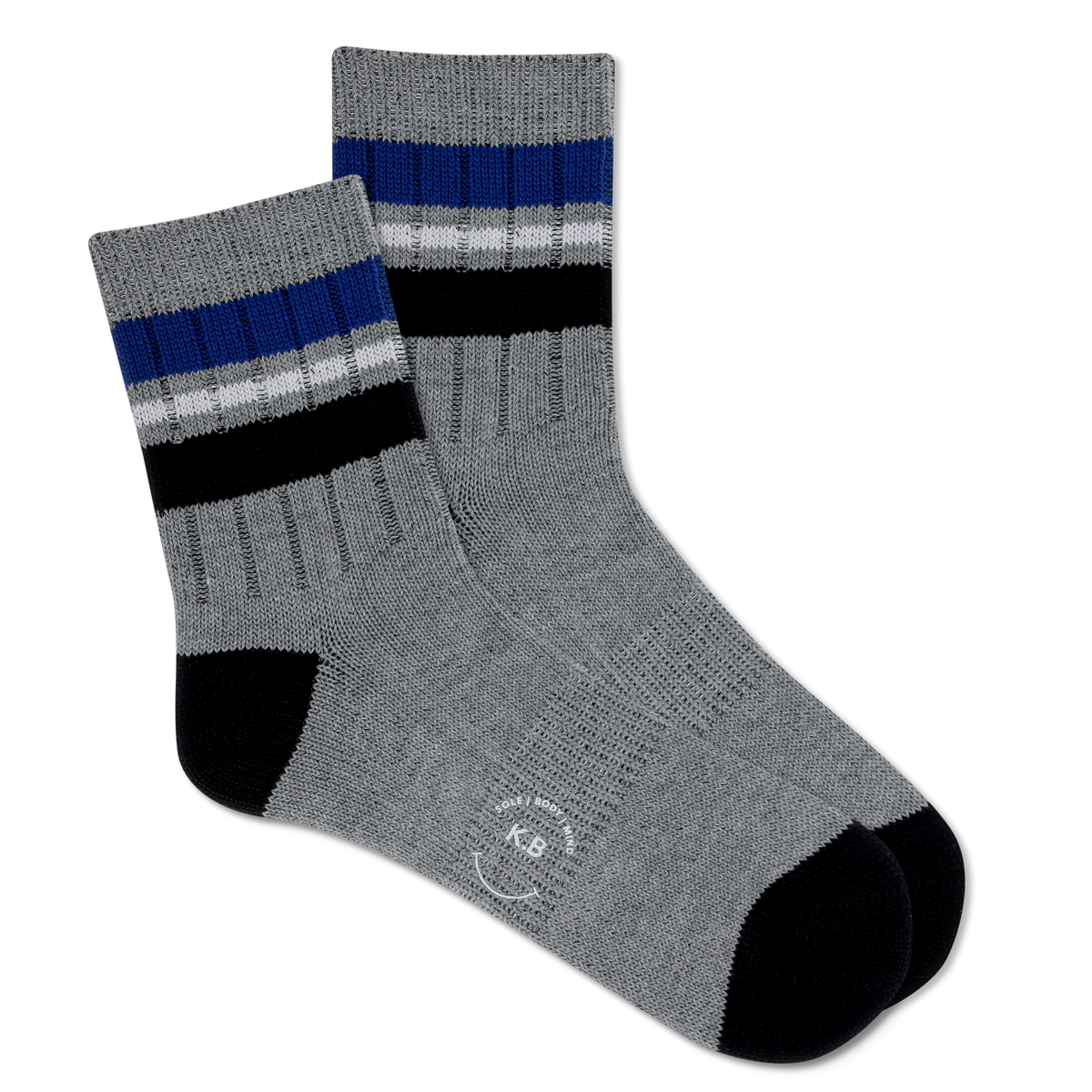 A pair of men's short crew socks with a striped pattern in gray, black, and blue colors.