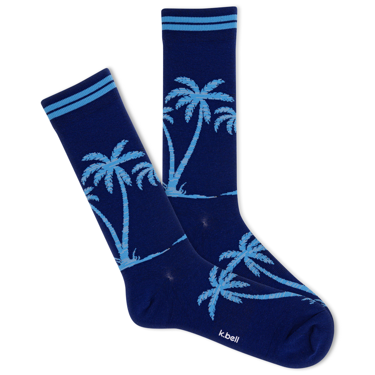 Navy blue socks with light blue palm tree design on a white background