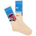 Beige sock with a beach scene design featuring a lifeguard tower and blue sky.