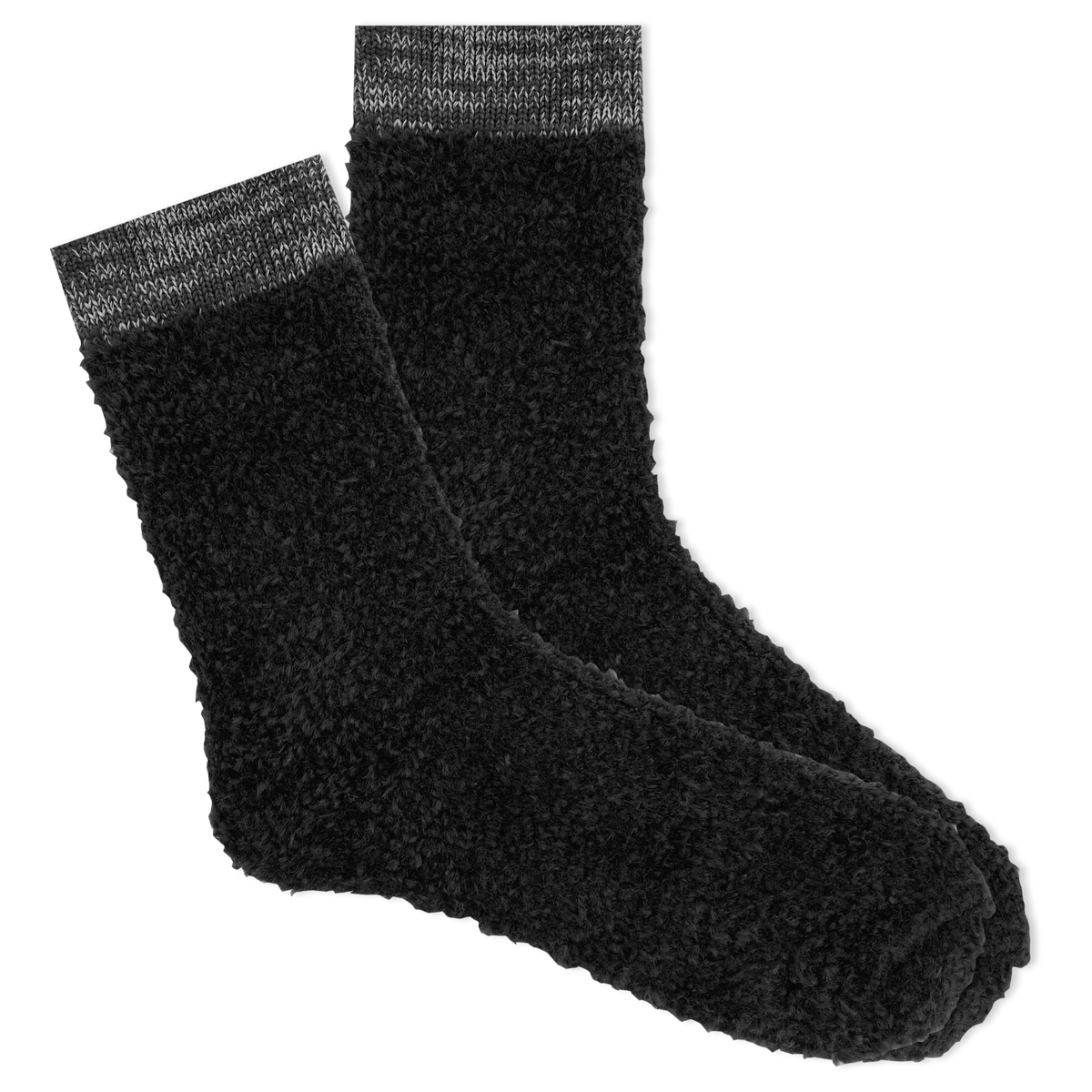 Pair of black socks with gray cuffs on a white background