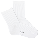White ribbed women's socks with a smiley face and 'KB' logo on a white background
