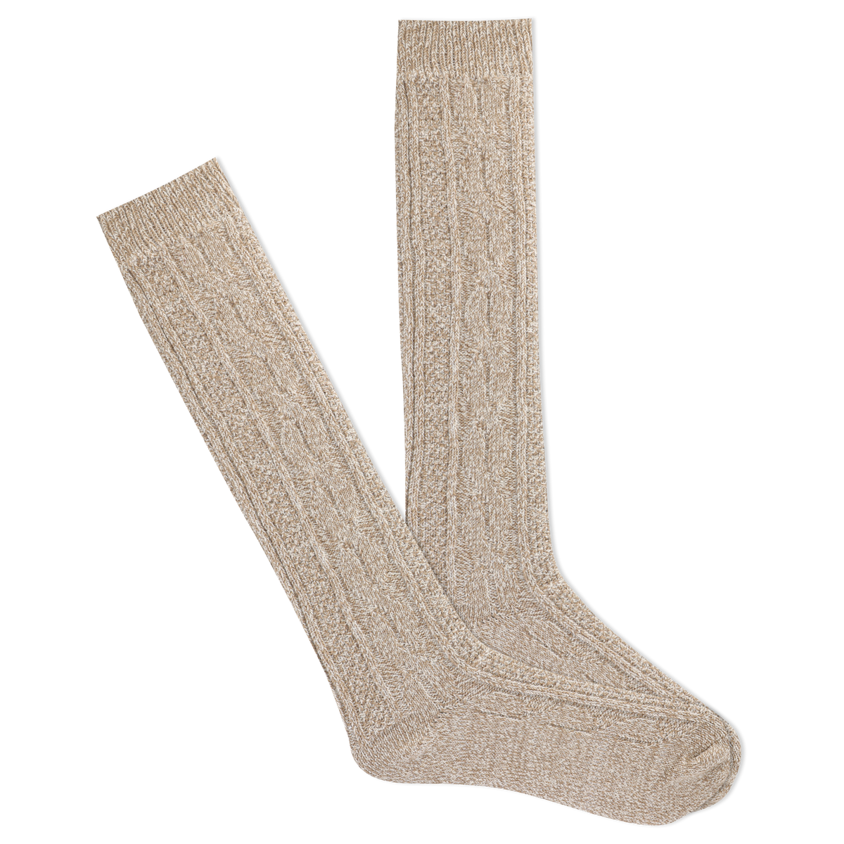 A pair of beige knee-high socks with a cable knit design in a tan color.