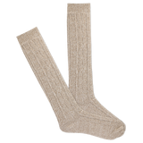 A pair of beige knee-high socks with a cable knit design in a tan color. thumbnail