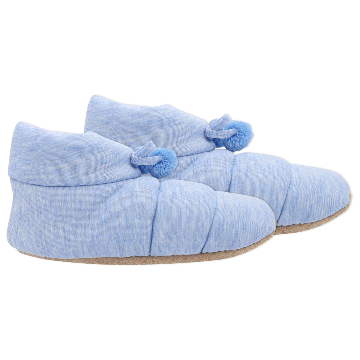 Pair of blue slippers with pom pom details on a white background