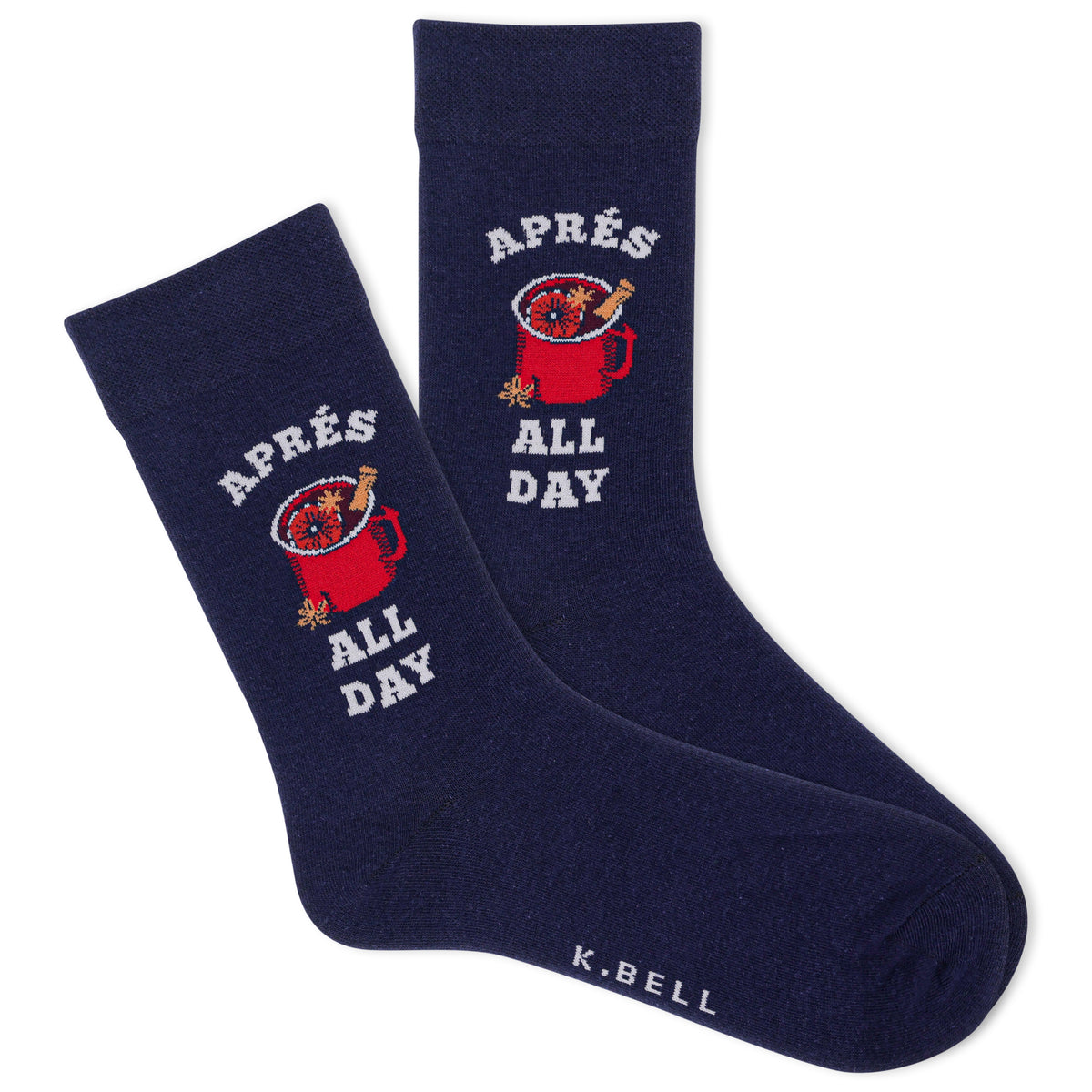 A pair of navy crew socks with a white and red graphic design featuring a hot toddy and the phrase 'aprés all day'