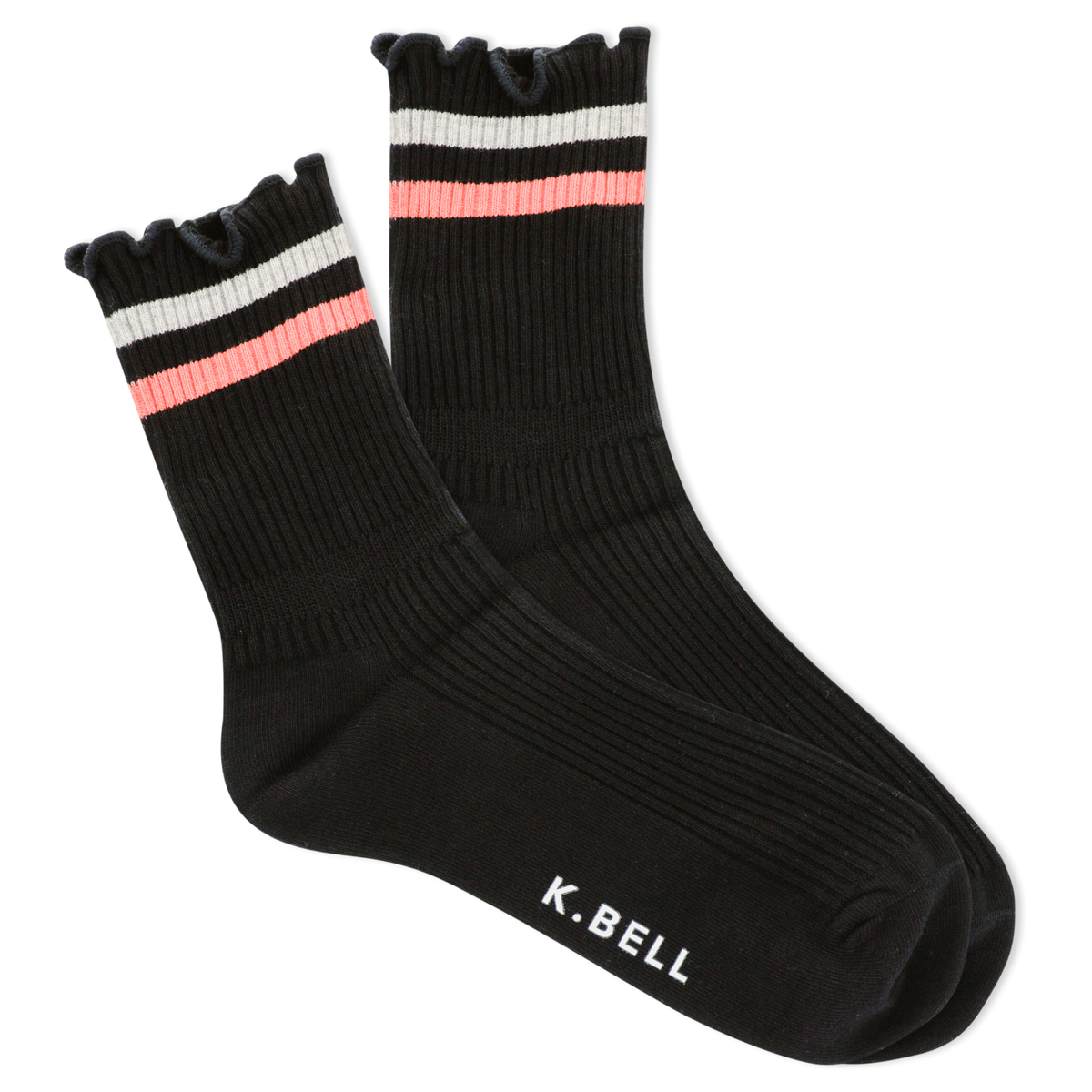 Black socks with pink and white stripes on a white background, featuring the brand 'K. Bell'.