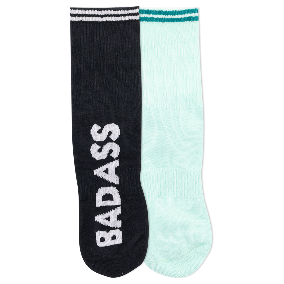 Two ankle socks, one black and one white, with the word 'BADASS' written across the cuffs and a reflective logo on the black sock.