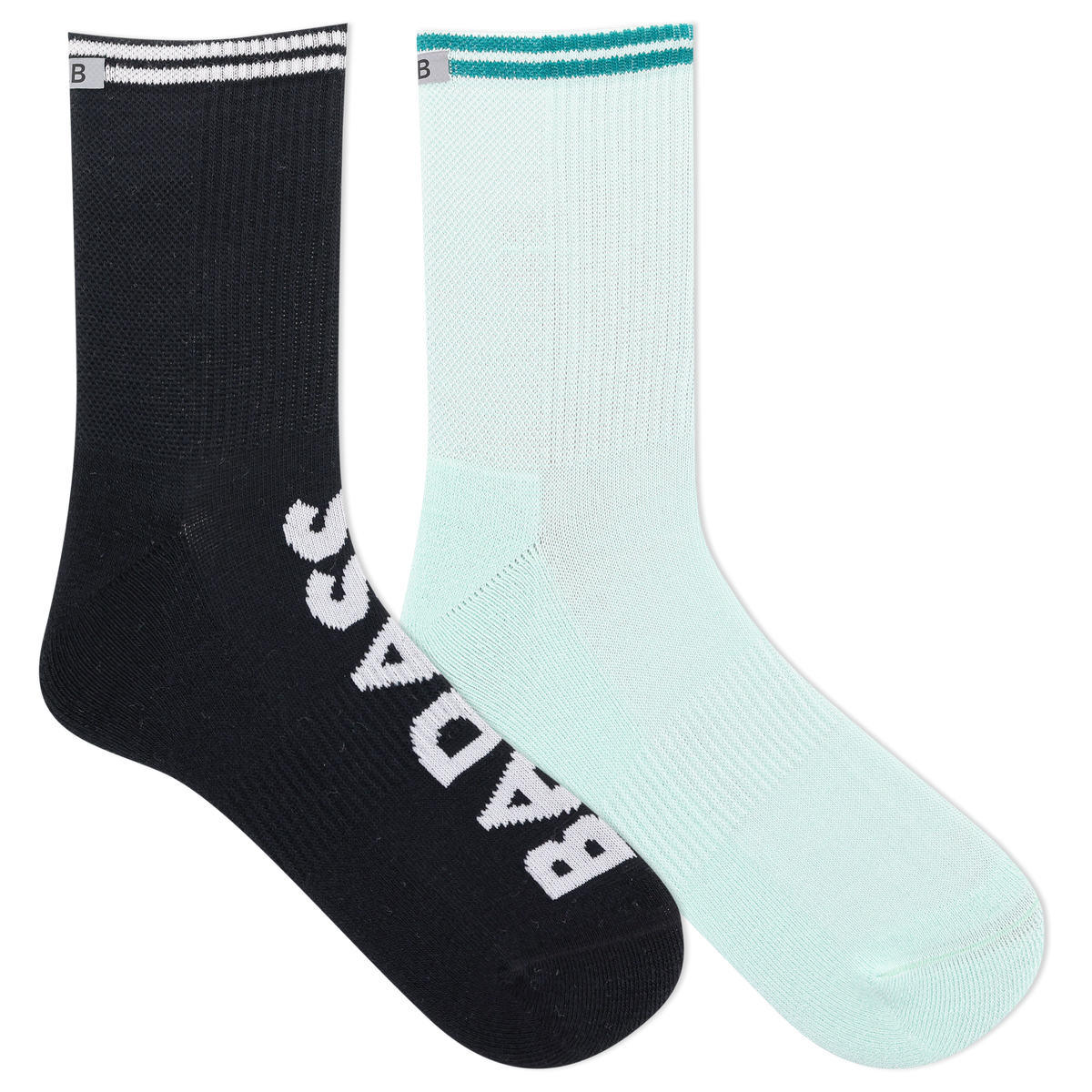 Two socks, one black and one light blue, with 'Bacca Bucci' branding on a white background.