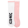 White socks with 'Iconic' text and a pink stripe at the top of cuff and a solid pink sock with a white stripe at the top of the cuff.