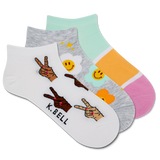 Three pairs of low cut socks with various colorful designs and text readings 'K.Bell'.