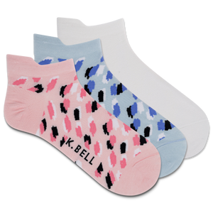 Three pairs of low cut socks with abstract animal brush stroke patterns in blue, pink, and white colors.
