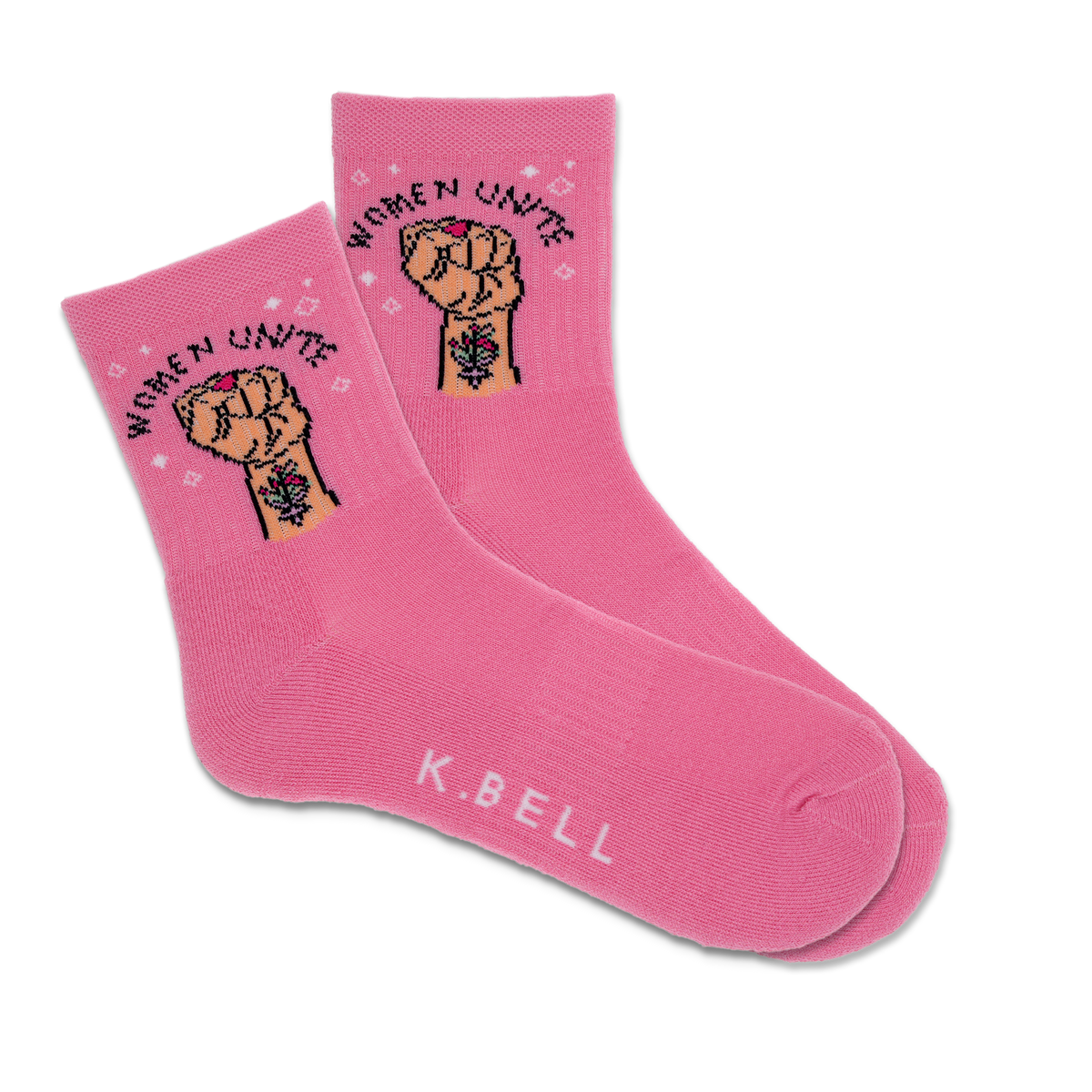A pair of pink active crew socks with 'Women Unite' text and a fist graphic, and the brand name 'K.Bell' displayed at the bottom.