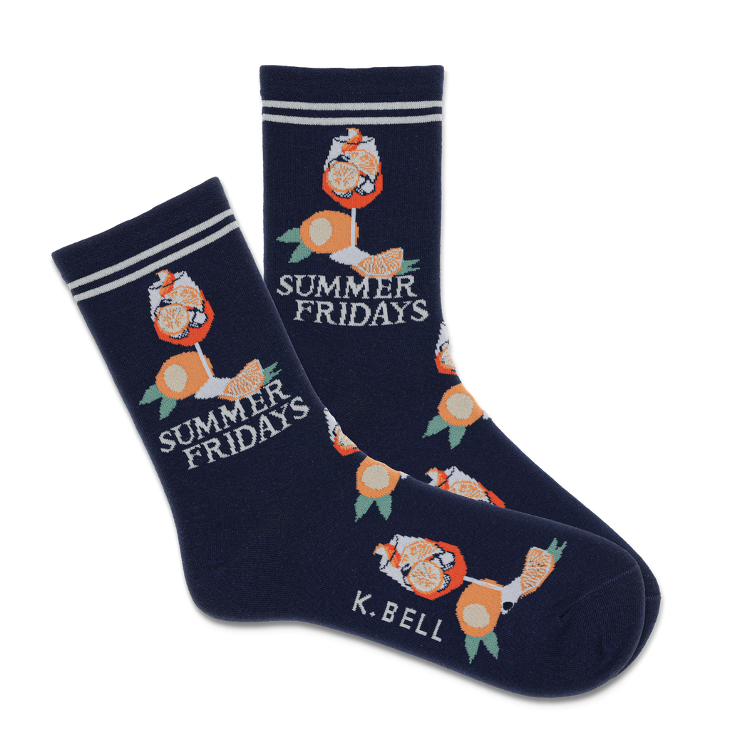 A pair of navy crew socks with a 'Summer Fridays' text and Aperol spritz design, featuring the brand K.Bell.