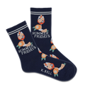 A pair of navy crew socks with a 'Summer Fridays' text and Aperol spritz design, featuring the brand K.Bell.