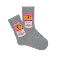 A pair of gray crew socks with a vintage camera design and the text 'KEEP SMILING' in a colorful background.