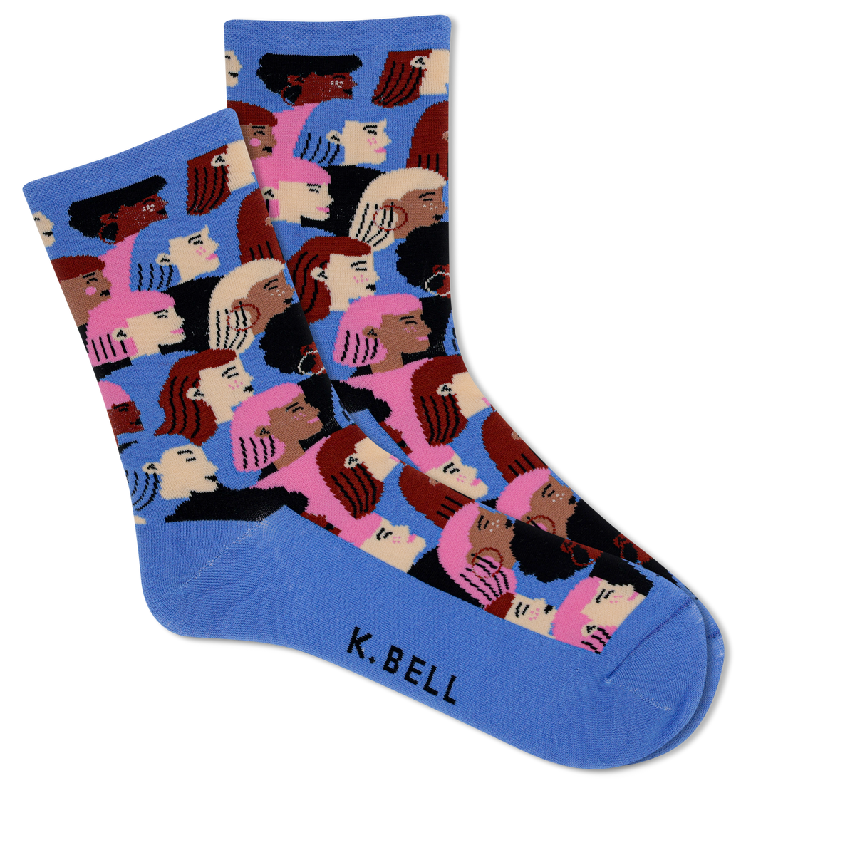 Pair of socks with a colorful pattern of faces on a blue background, featuring the brand 'K. Bell'.