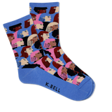 Pair of socks with a colorful pattern of faces on a blue background, featuring the brand 'K. Bell'. thumbnail