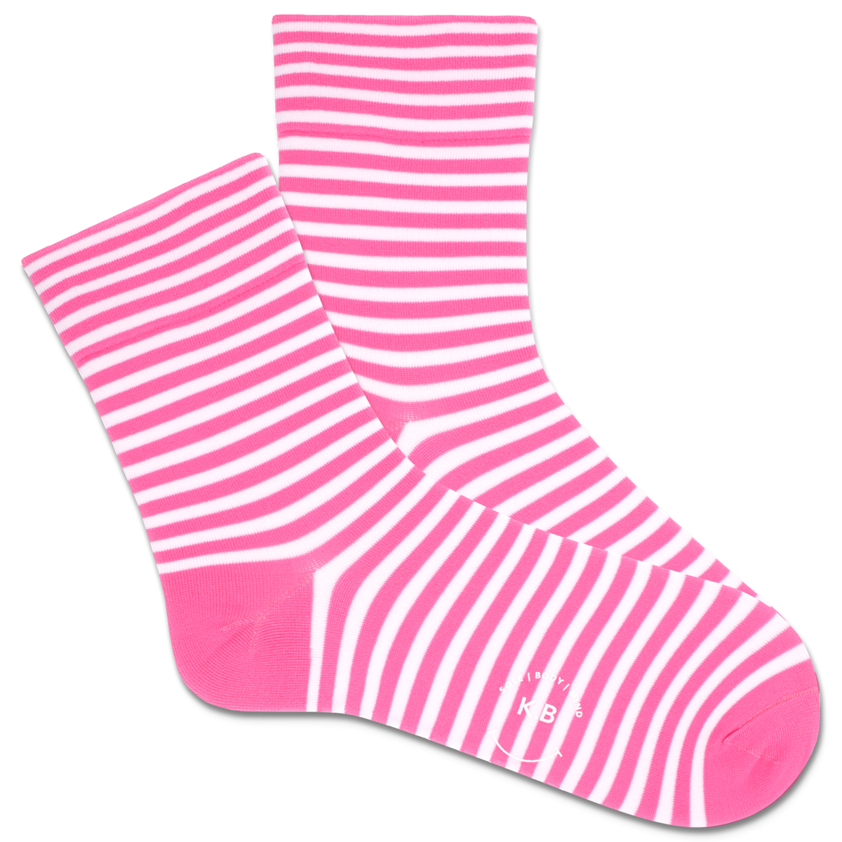 Pink and white striped socks being worn with a clear blue sky and palm trees in the background
