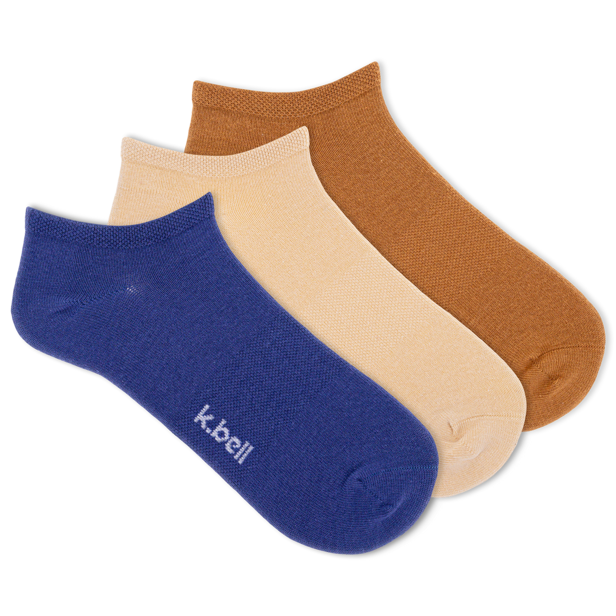 Set of three ankle socks in blue, beige, and brown on a white background with 'k.bell' branding.
