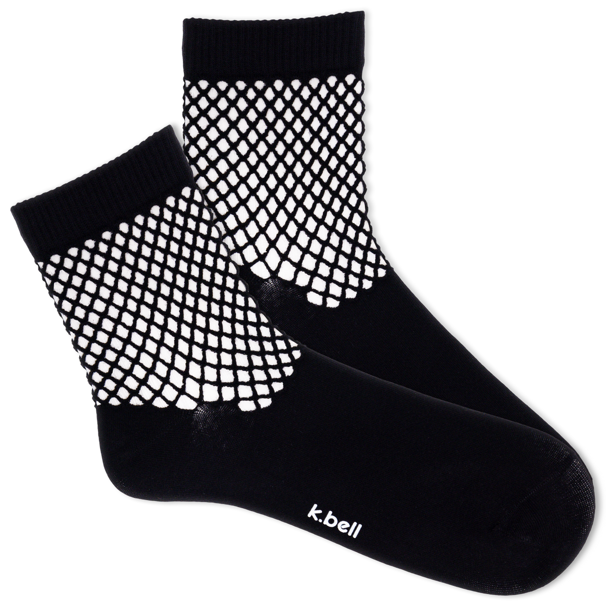Black K.Bell ankle socks with crochet net cuff.