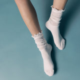 White slouch socks with sheer lettuce-edge details worn by a person on a light blue background thumbnail